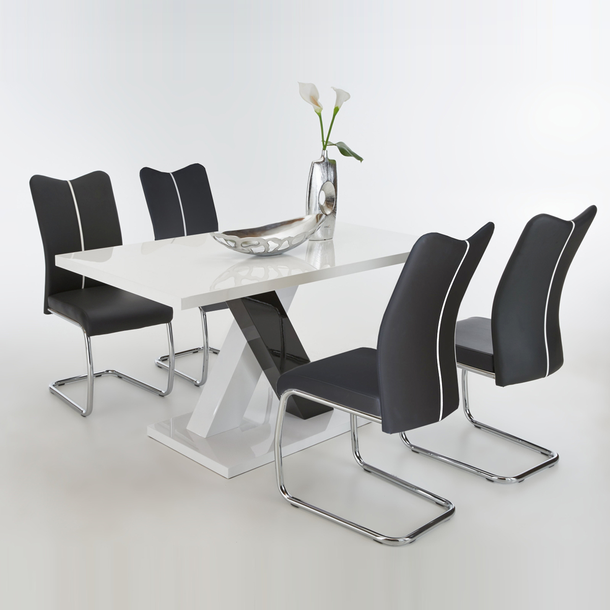 Tischgruppe Xenia Tisch hochglanz weiß 4 Freischwinger Stühle 
